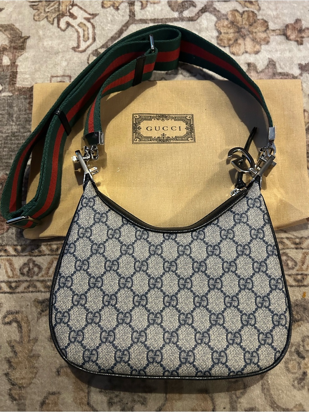 Unbranded Blue Monogram Shoulder Bag with Green & Red Web Strap
